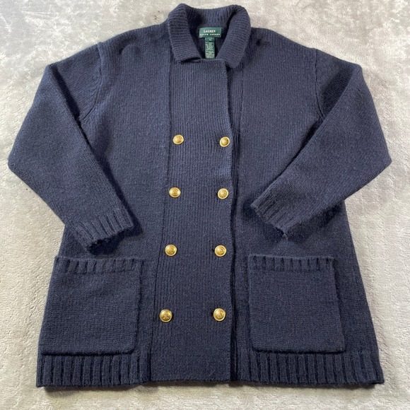 Lauren Ralph Lauren Sweaters - Lauren Ralph Lauren Cardigan Women Small Navy Blue Wool Camel‎ Hair Gold Buttons